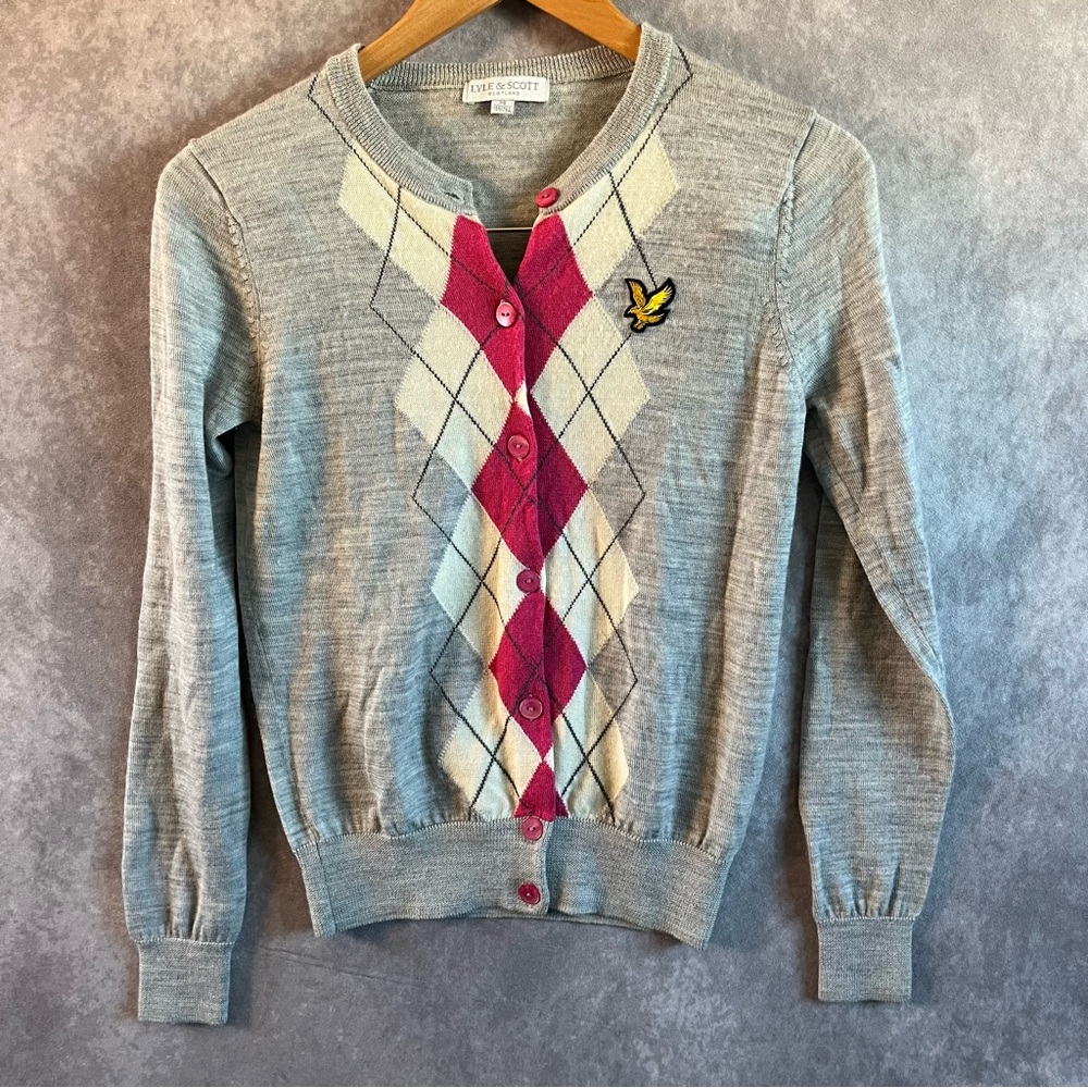 Lyle & Scott Cardigan Women‎ XS Grey Argyle 100% Merino Wool V-Neck Button Front